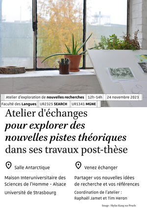 affiche de l'événement avec une image montrant une table à dessin devant une baie vitrée avec des plantes pour symboliser le travail pour aller vers de nouvelles perspectives de recherche